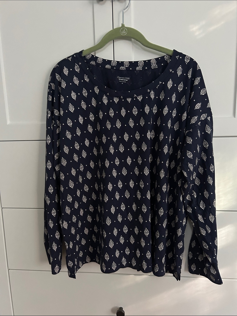Garnet Hill Organic Cotton Navy Long-Sleeve Pajamas with White Leaf Print